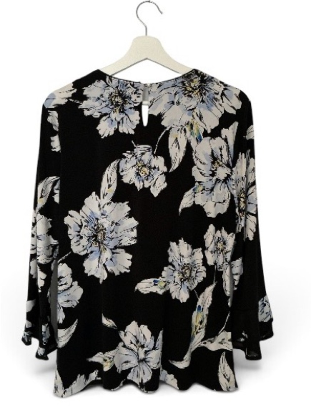 Karl Lagerfeld Black Floral Bell-Sleeve Top with White and Blue Blooms - Picture 2 of 11